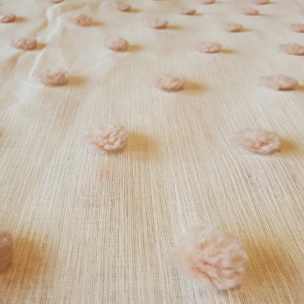 2 Piece Sheer White Valance Set with Blush Pink Tufted Pom Poms Rod Pocket